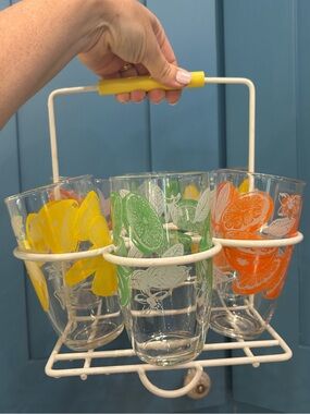 Drink caddy vintage mid century modern fruit citrus highball glass set